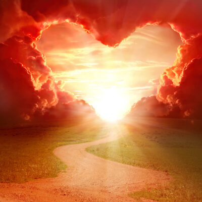 Heart-shaped opening in the clouds at the end of a path Holy Fire Reiki